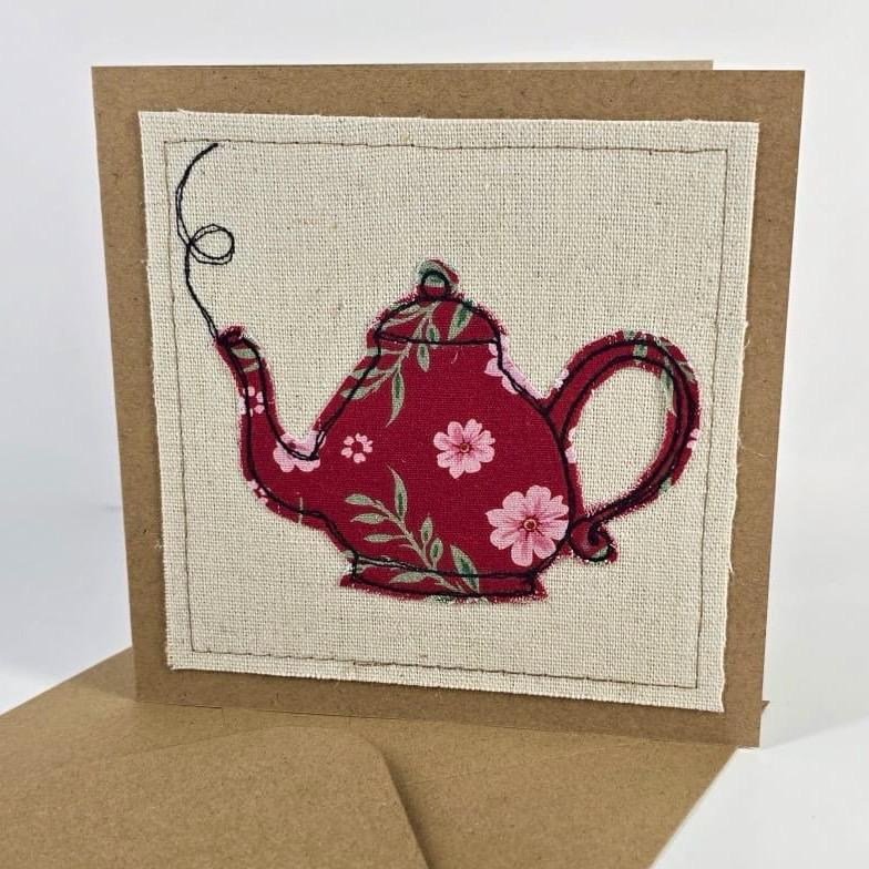 Teapot - Handmade Fabric Greeting Card
