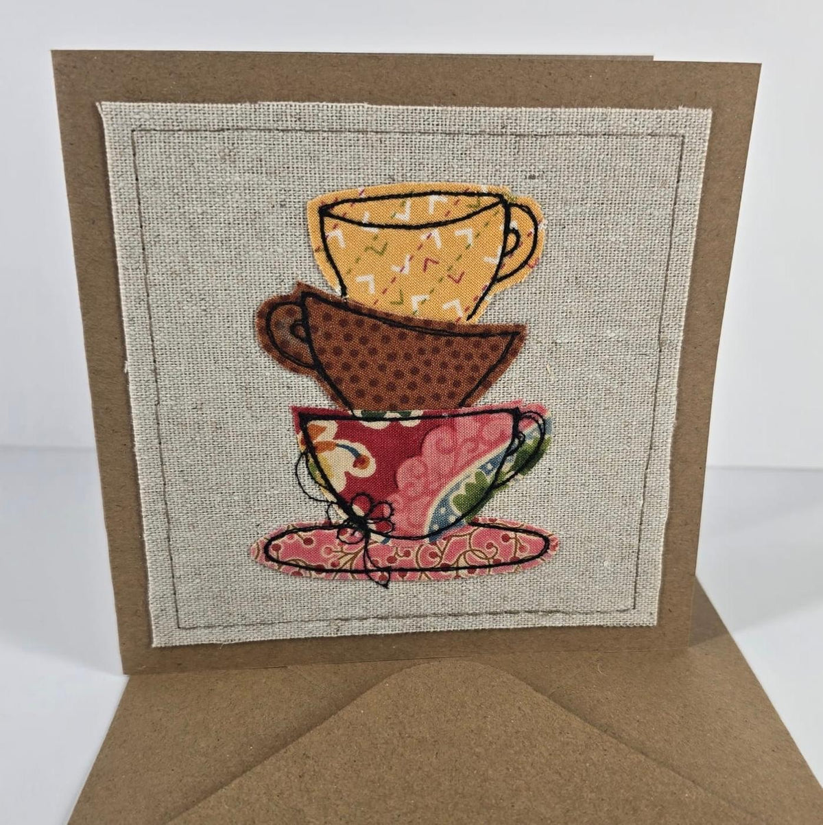 Teacups - Handmade Fabric Greeting Card