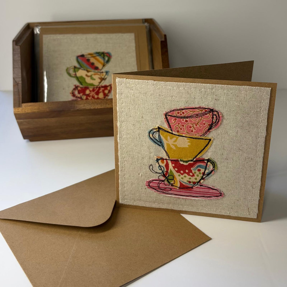 Teacups - Handmade Fabric Greeting Card