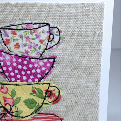 Teacups - Handmade Fabric Greeting Card