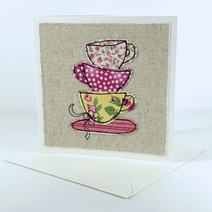 Teacups - Handmade Fabric Greeting Card
